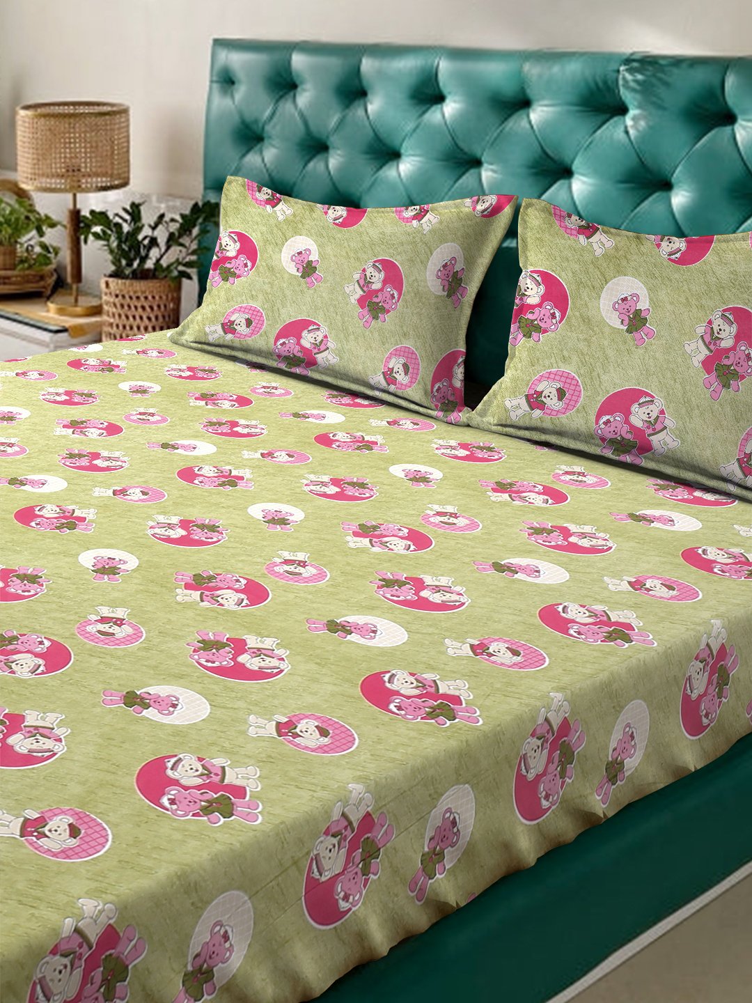 Green Cartoon Characters 400 TC Pure Cotton Fitted Double Bedsheet with 2 Pillow Covers