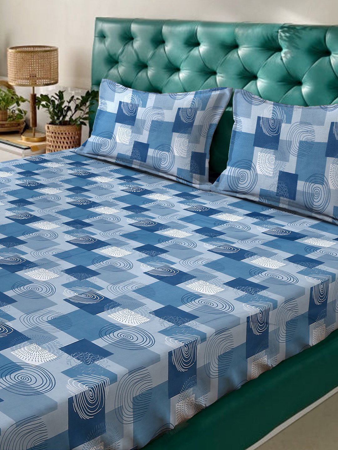 Blue Geometric 400 TC Pure Cotton Fitted Double Bedsheet with 2 Pillow Covers
