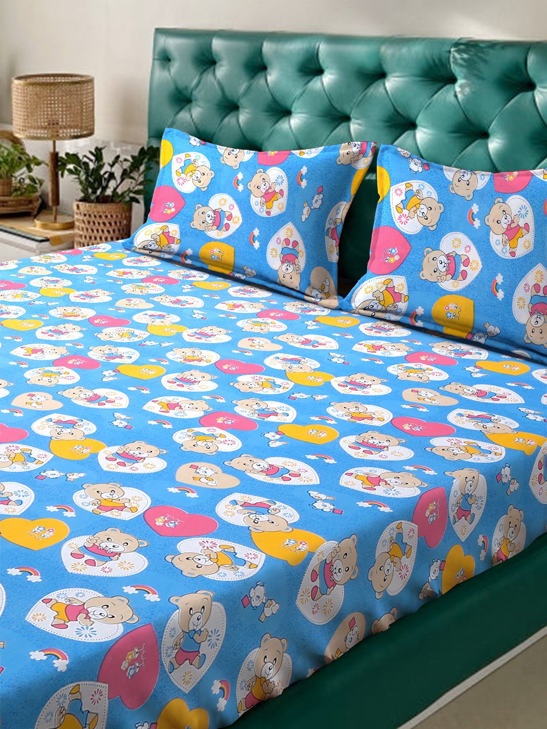 Blue Cartoon Characters 400 TC Pure Cotton Fitted Double Bedsheet with 2 Pillow Covers