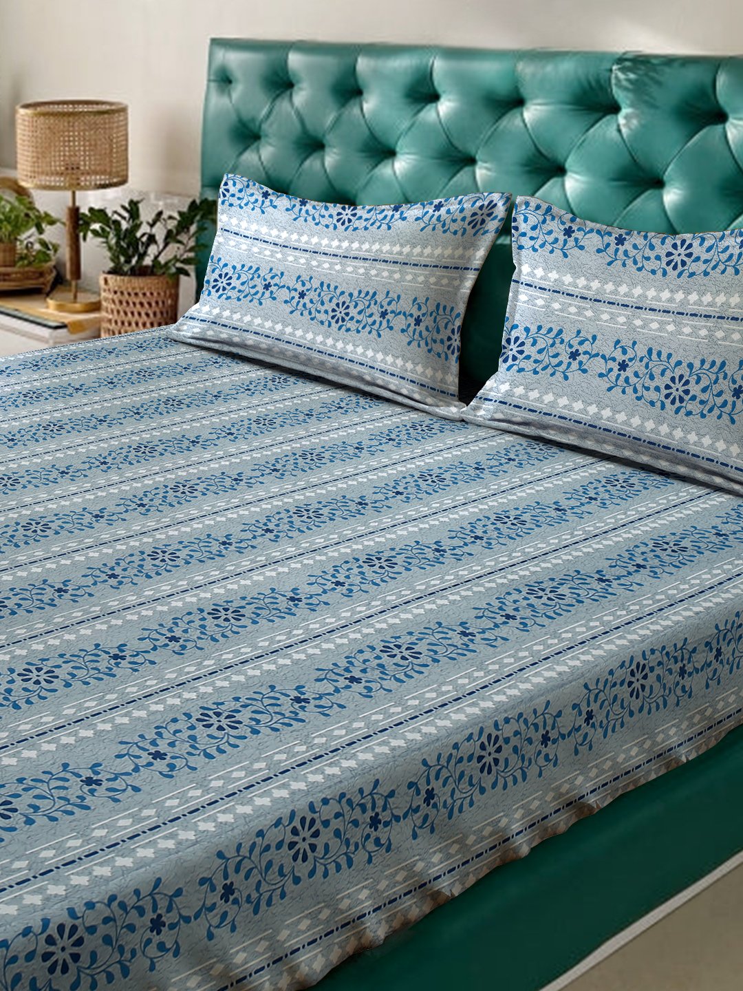 Blue Floral 400 TC Pure Cotton Fitted Double Bedsheet with 2 Pillow Covers