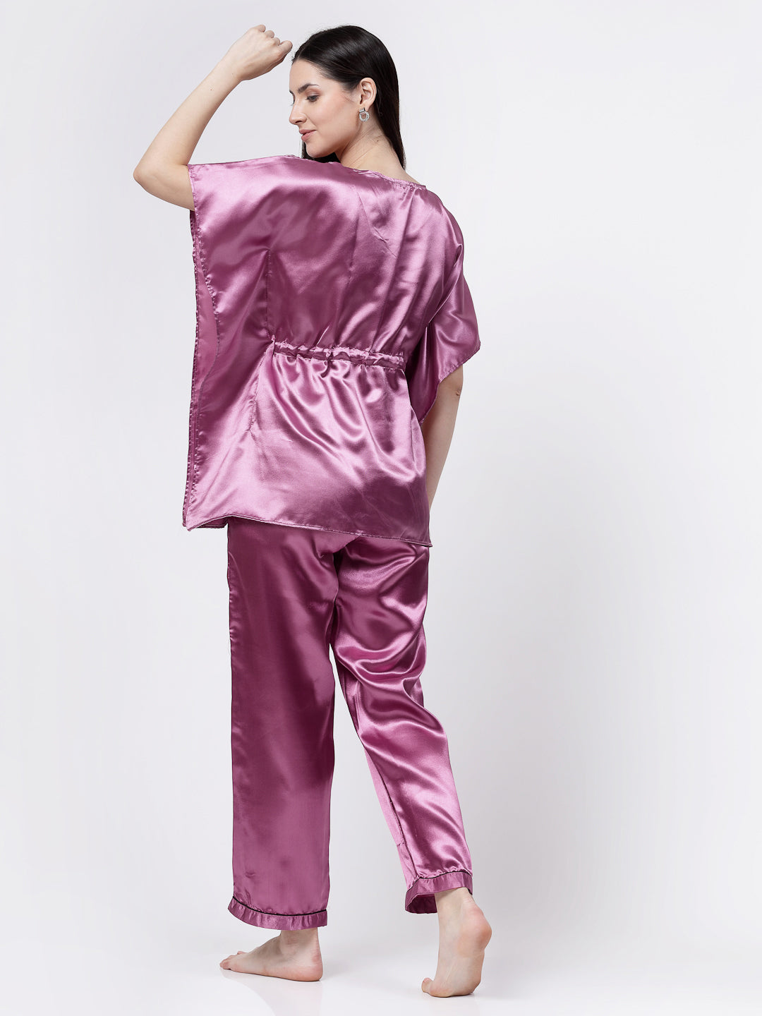 Klotthe Women Pink Solid Satin Kaftan Night Suit by KLOTTHE
