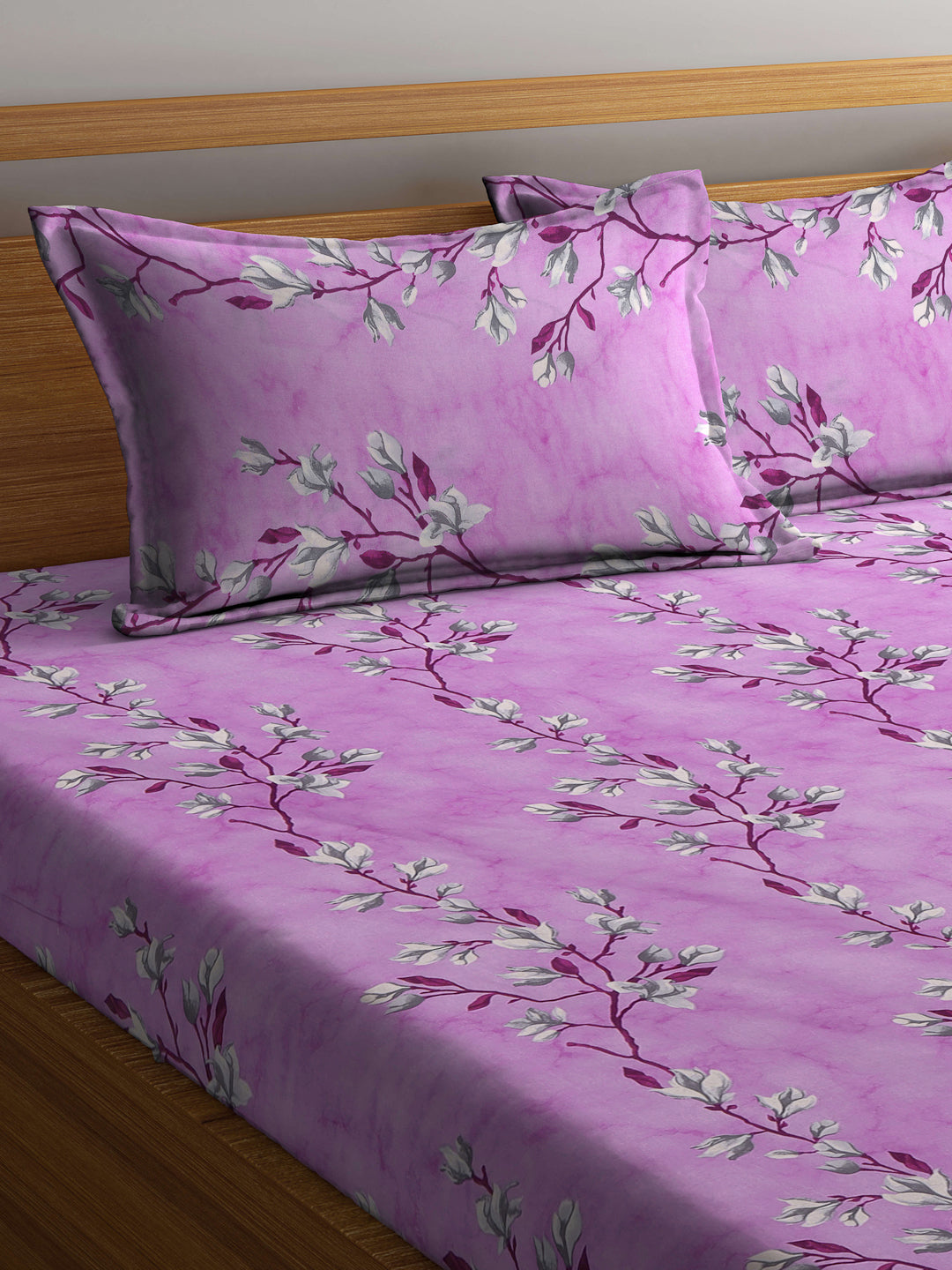 Klotthe Multicolor Floral 400 TC Pure Cotton Fitted Double Bedsheet with 2 Pillow Covers