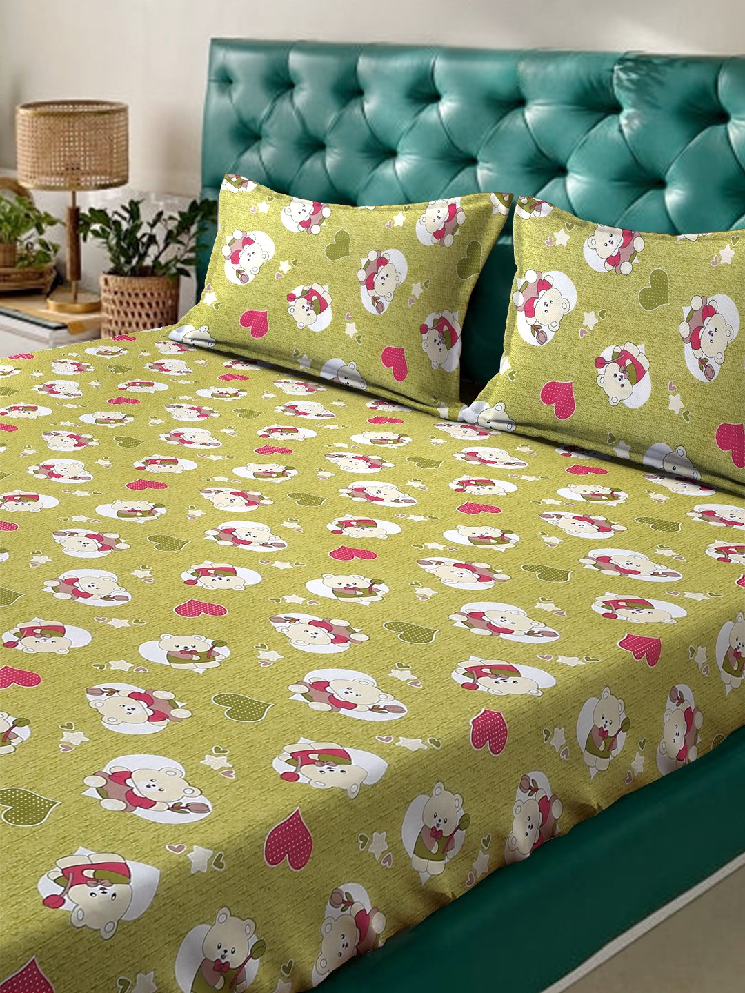 Green Cartoon Characters 400 TC Pure Cotton Fitted Double Bedsheet with 2 Pillow Covers