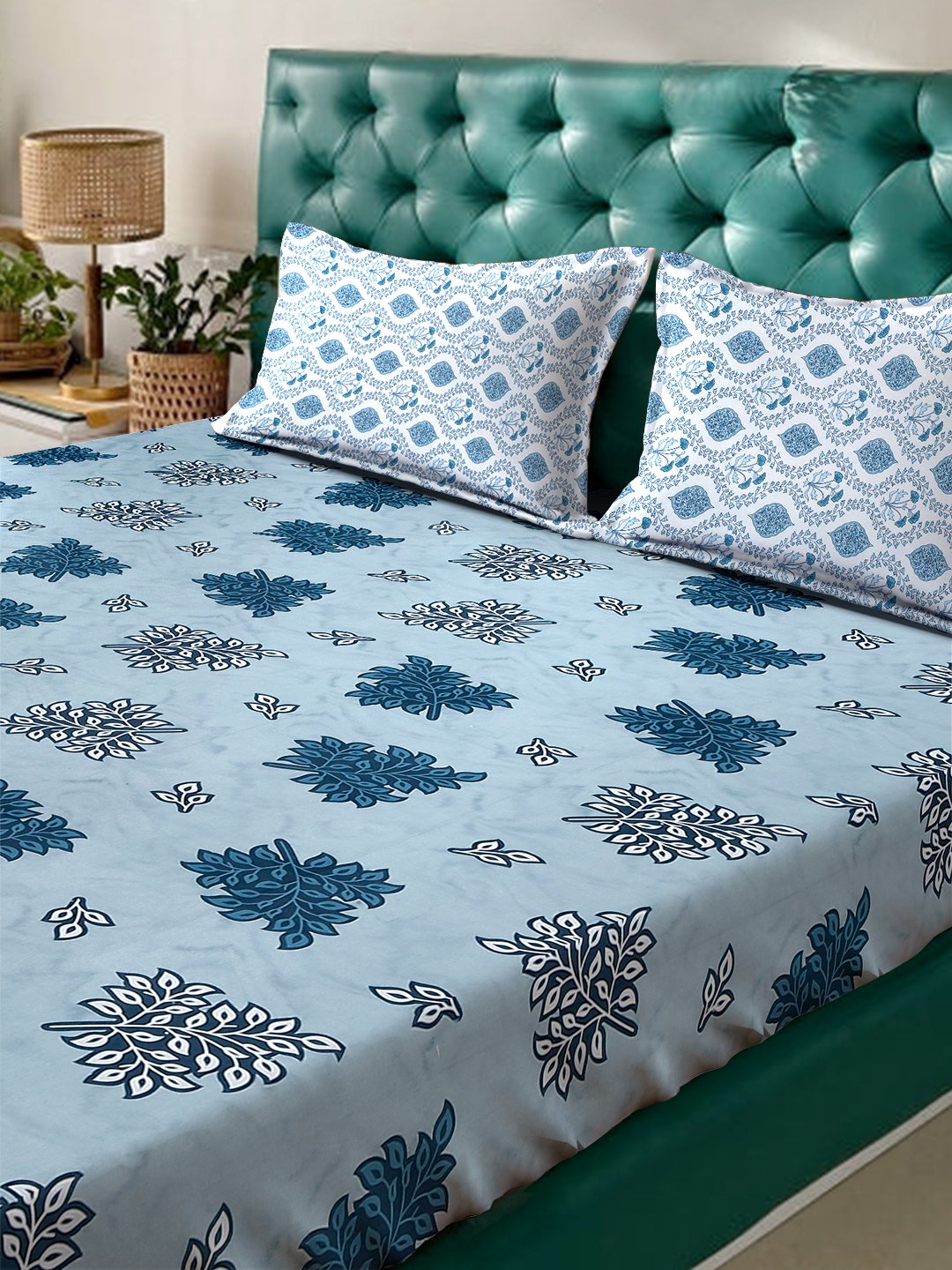 Blue Floral 400 TC Pure Cotton Fitted Double Bedsheet with 2 Pillow Covers