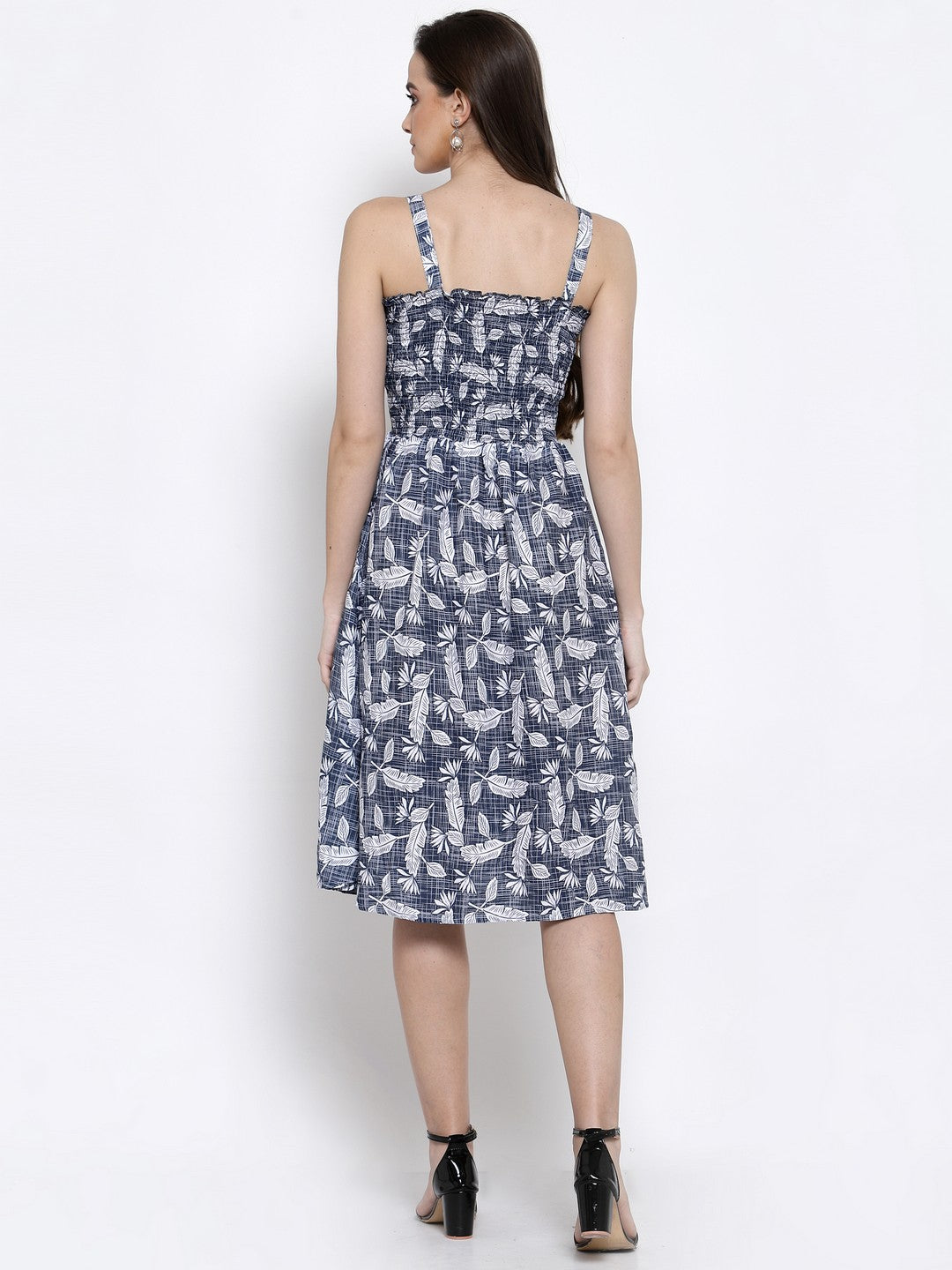 Klotthe Women Blue Floral Printed Smocked Fit & Flare Midi Dress
