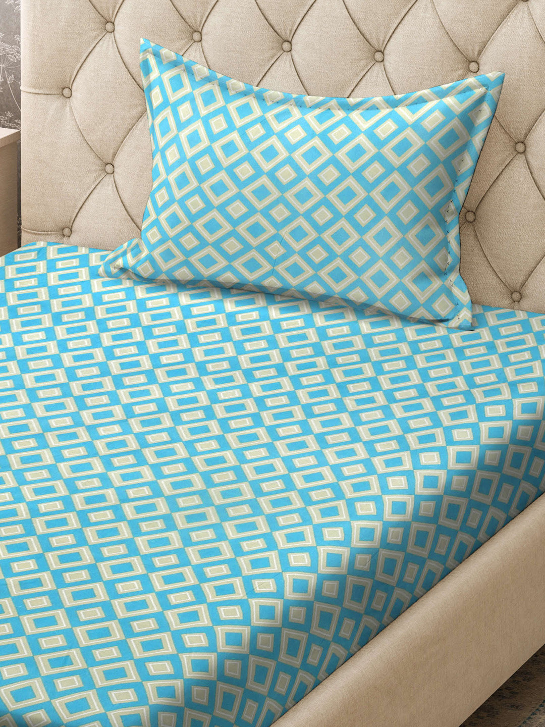 Klotthe Turquoise Geometric 300 TC Cotton Blend Fitted Single Bedsheet with Pillow Cover