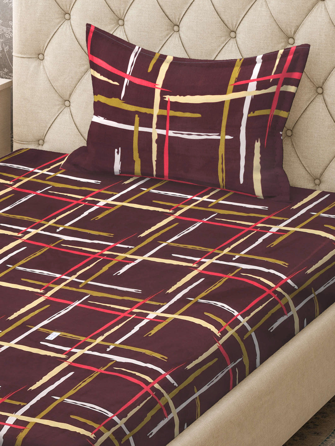 Klotthe Brown Striped 300 TC Cotton Blend Single Bedsheet with Pillow Cover