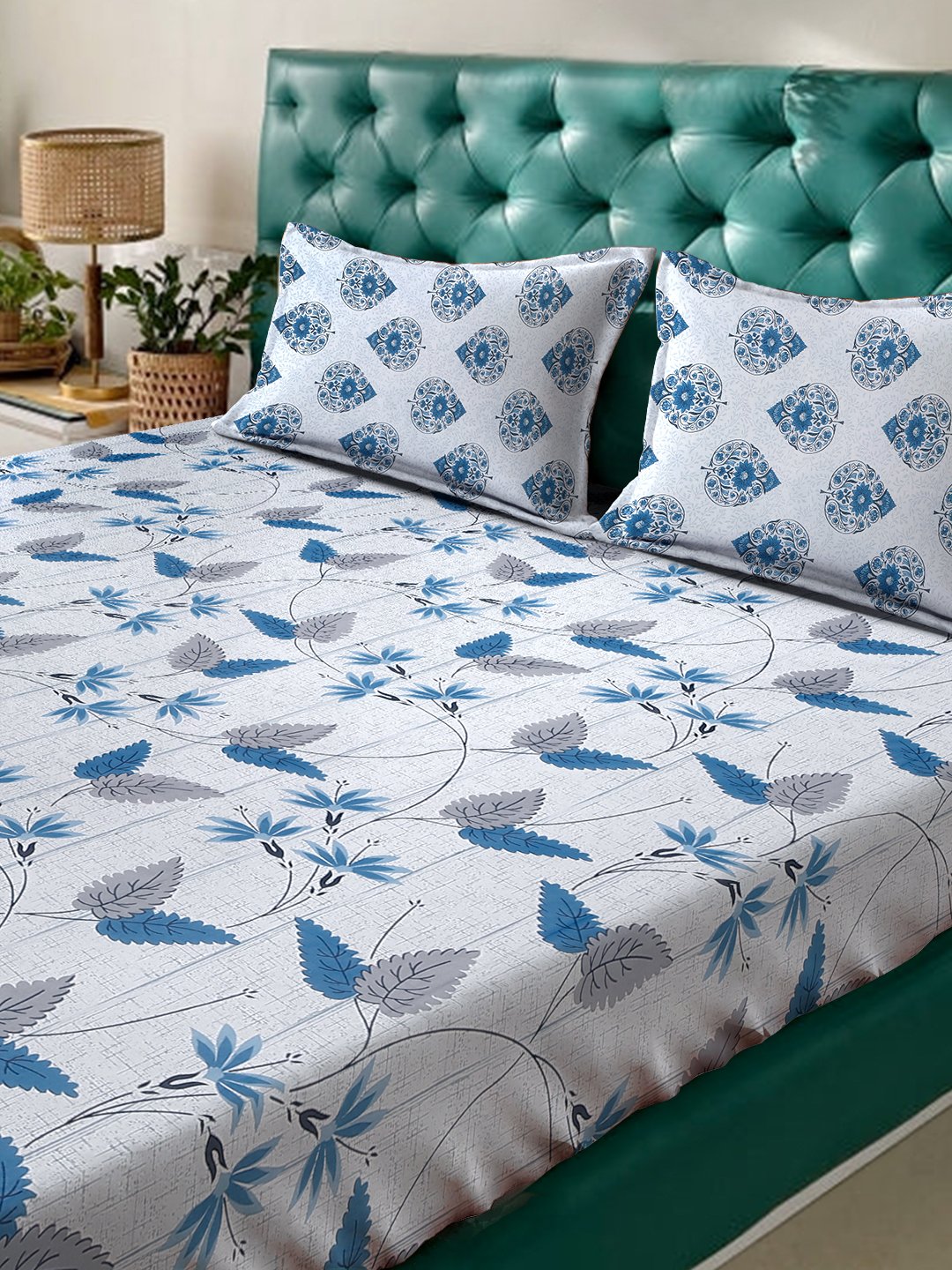 Blue Floral 400 TC Pure Cotton Fitted Double Bedsheet with 2 Pillow Covers