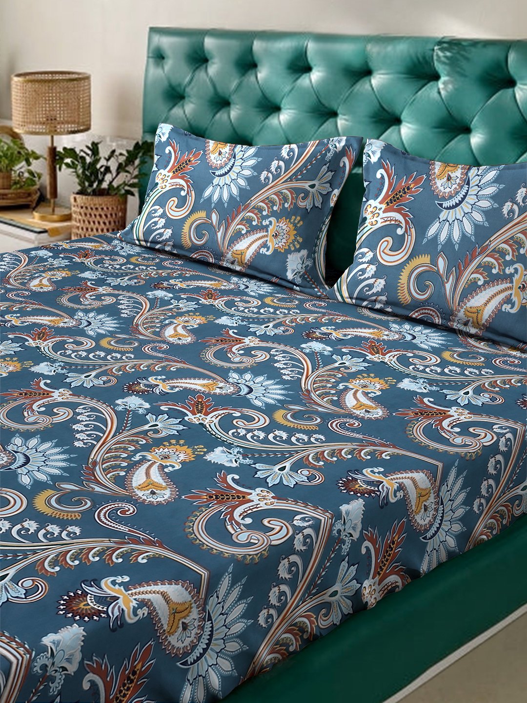 Blue Floral 300 TC Cotton Blend Fitted Double Bedsheet with 2 Pillow Covers