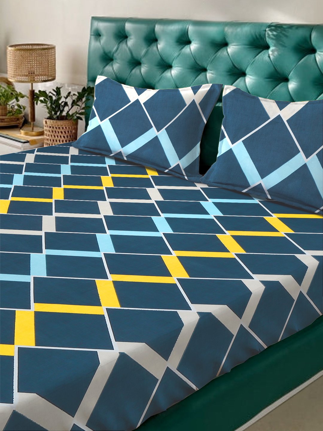 Blue Geometric 300 TC Cotton Blend Fitted Double Bedsheet with 2 Pillow Covers