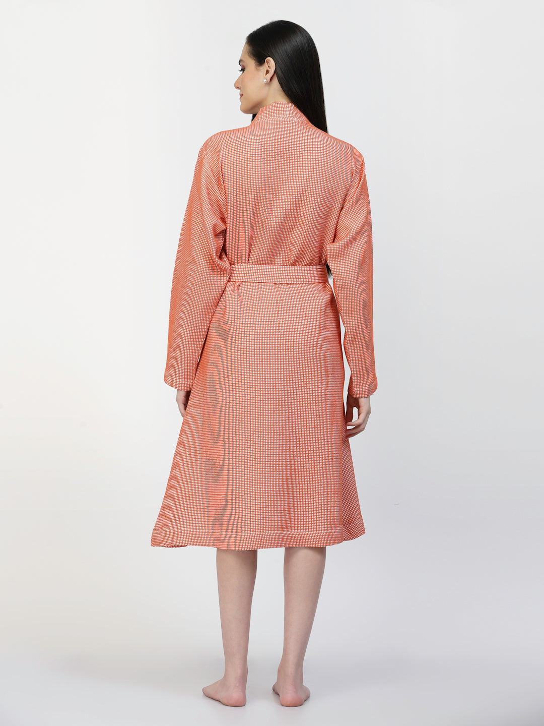Klotthe Women Orange Checked Cotton Bath Robe With Belt