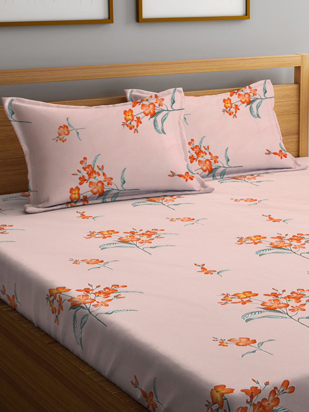Klotthe Multi Floral 300 TC Cotton Blend Elasticated Double Bedsheet with 2 Pillow Covers