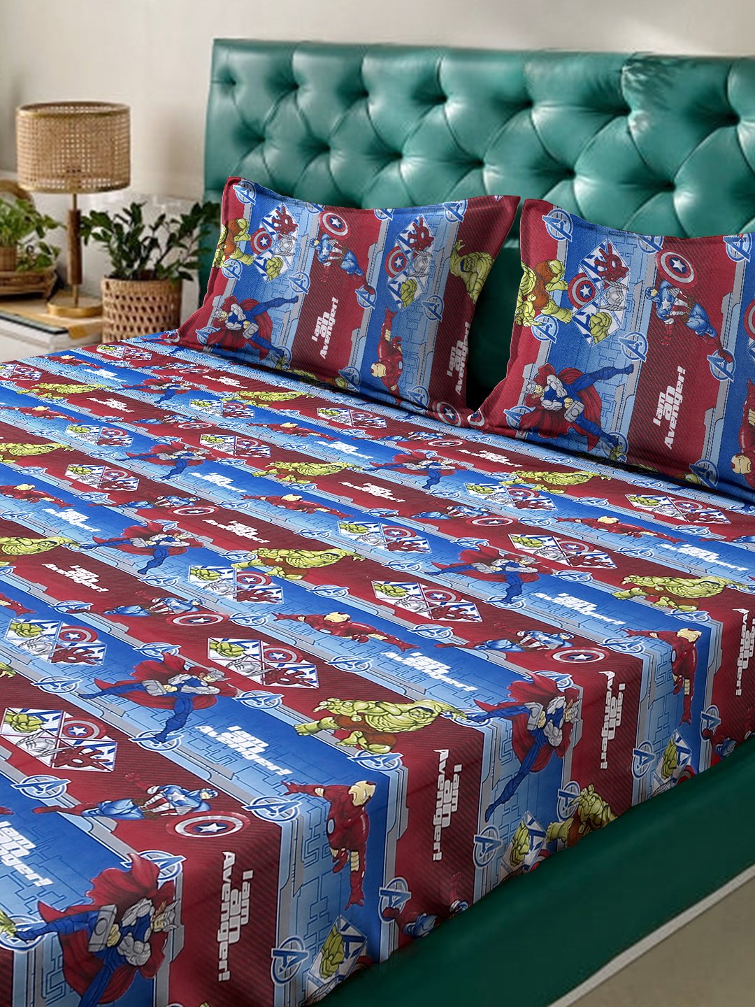Blue Cartoon Characters 400 TC Pure Cotton Fitted Double Bedsheet with 2 Pillow Covers