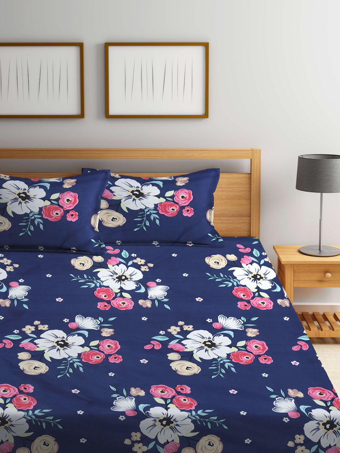 Klotthe Multi Floral 300 TC Cotton Blend Elasticated Double Bedsheet with 2 Pillow Covers