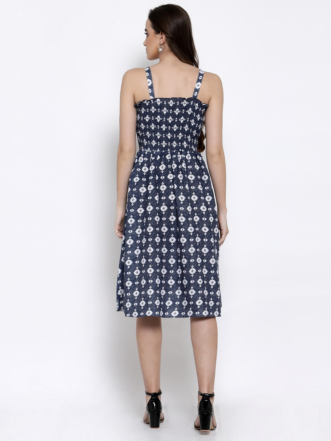 Klotthe Women Blue Floral Printed Smocked Fit & Flare Midi Dress