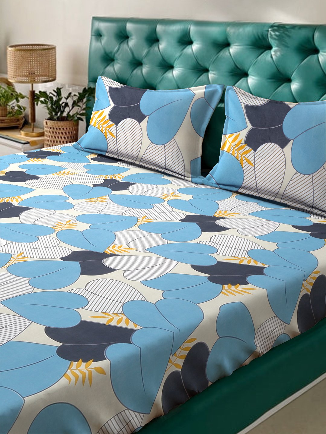 Blue Floral 300 TC Cotton Blend Fitted Double Bedsheet with 2 Pillow Covers
