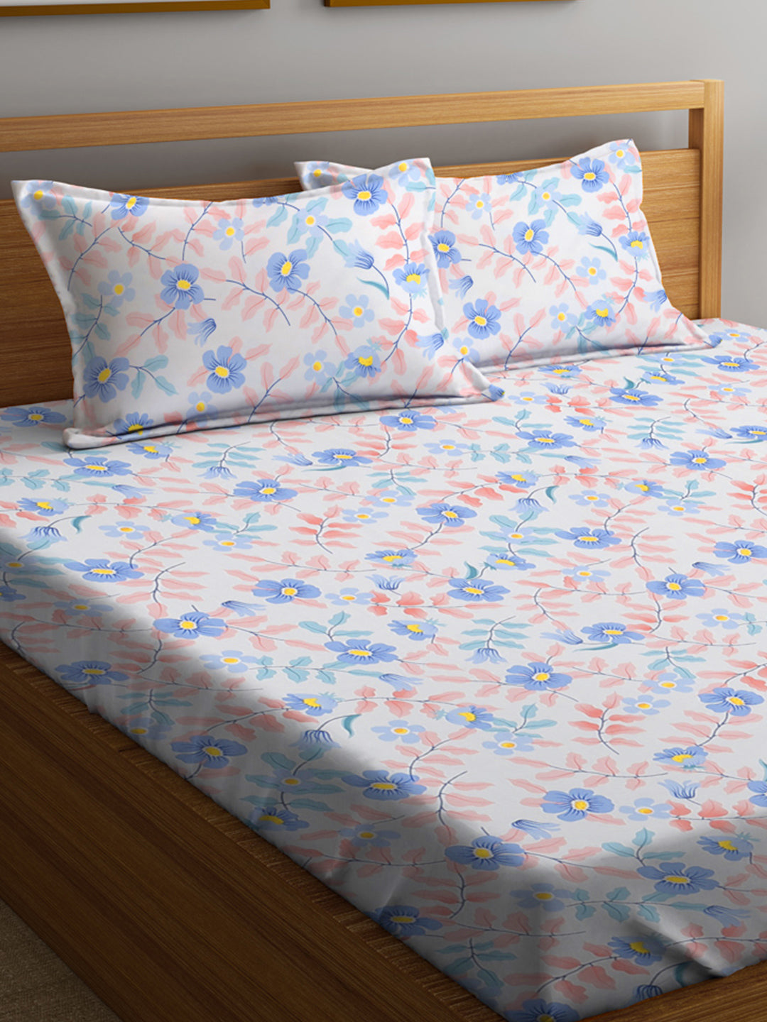 Klotthe Multi Floral 300 TC Cotton Blend Elasticated Double Bedsheet with 2 Pillow Covers