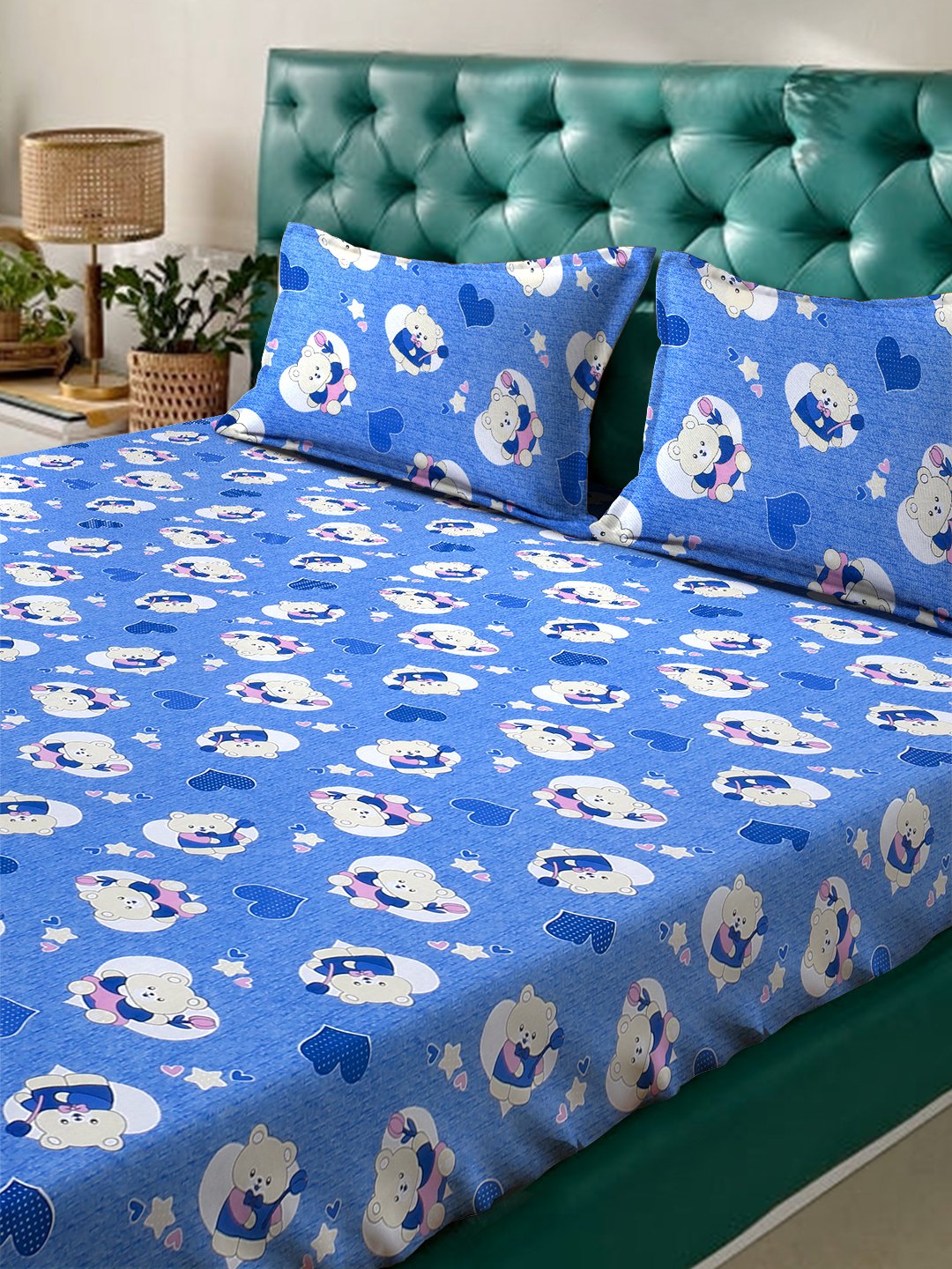 Blue Cartoon Characters 400 TC Pure Cotton Fitted Double Bedsheet with 2 Pillow Covers