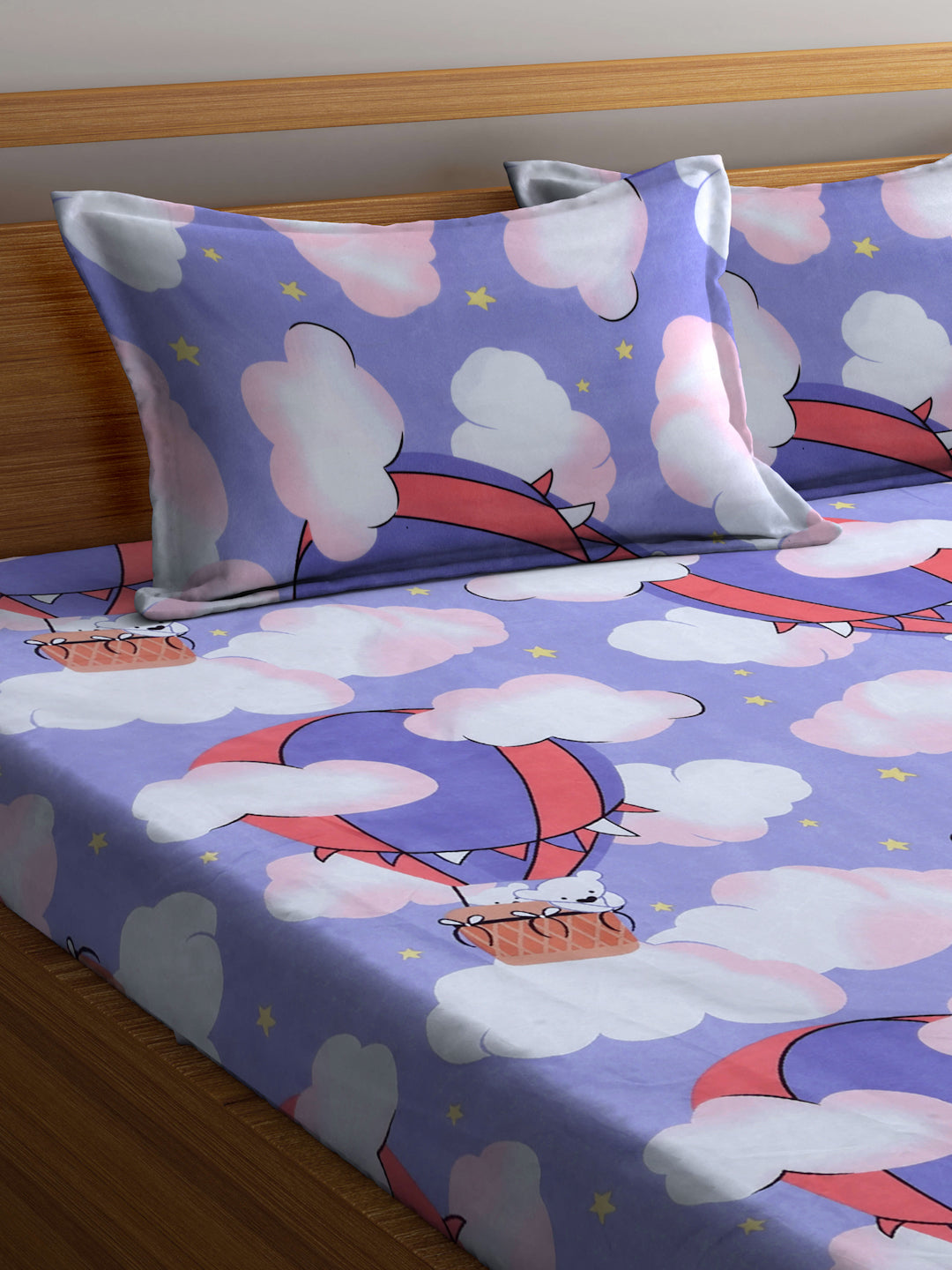 Klotthe Multicolor Cartoon Characters 300 TC Cotton Blend Fitted Double Bedsheet with 2 Pillow Covers