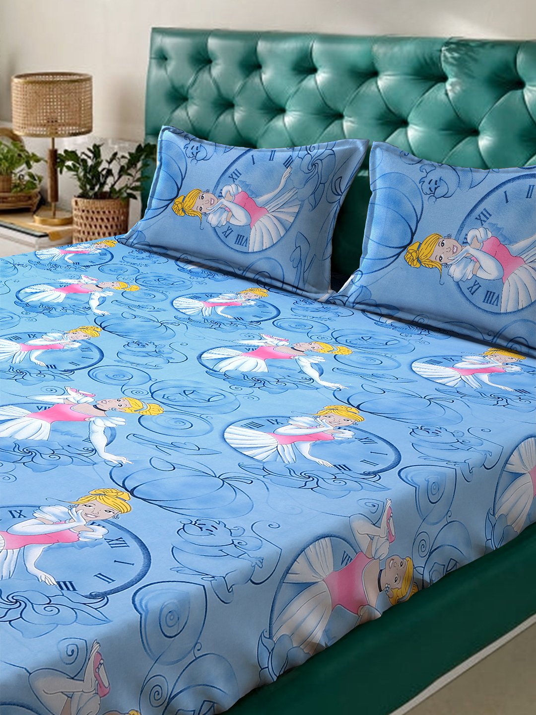 Blue Cartoon Characters 400 TC Pure Cotton Fitted Double Bedsheet with 2 Pillow Covers
