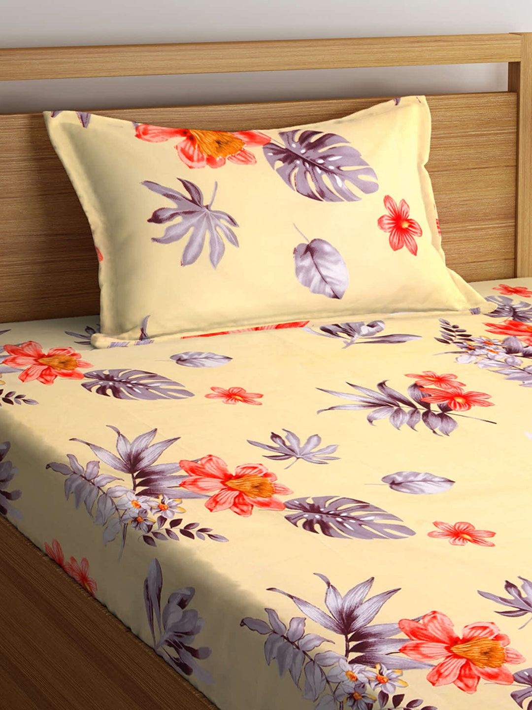 KLOTTHE Multi Polycotton Floral Single Bedsheet with 1 Pillow Cover (215X150 cm)