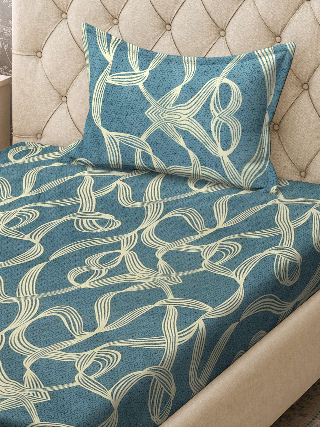 Klotthe Turquoise Abstract 300 TC Cotton Blend Single Bedsheet with Pillow Cover