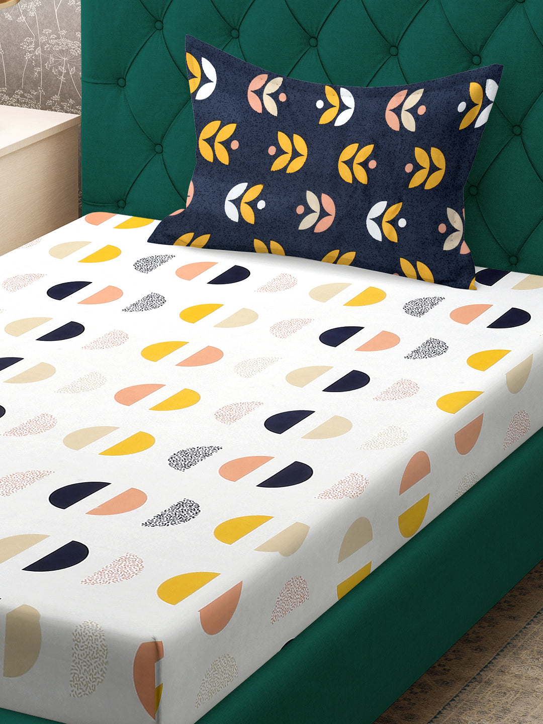 Klotthe White Geometric 300 TC Cotton Blend Fitted Single Bedsheet Set in Book Fold Packing