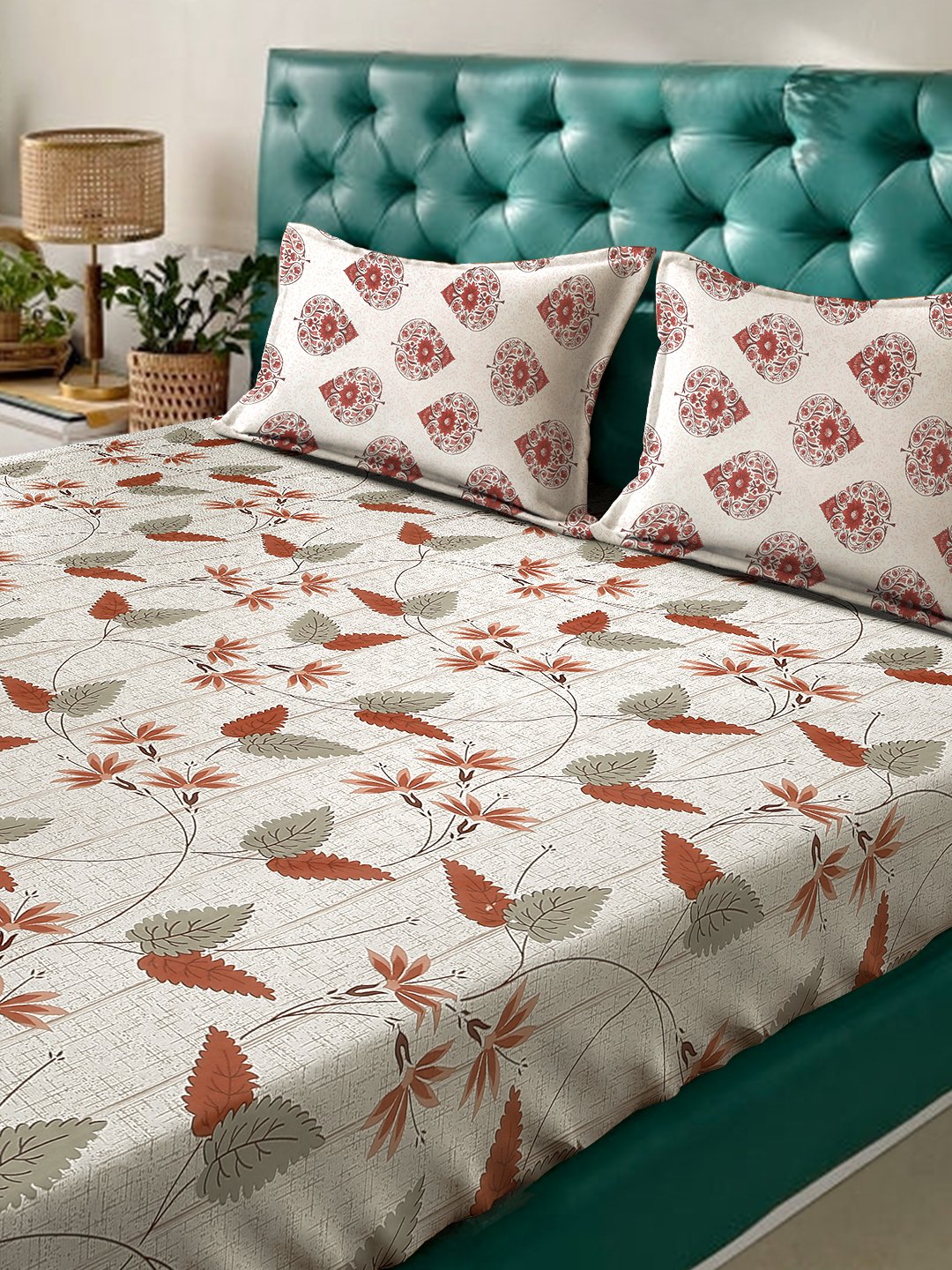 Beige Floral 400 TC Pure Cotton Fitted Double Bedsheet with 2 Pillow Covers