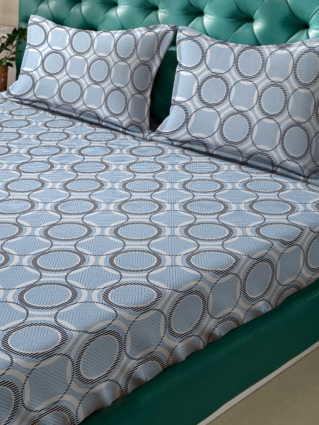 Klotthe Blue Geometric 400 TC Pure Cotton Fitted Double Bedsheet with 2 Pillow Covers