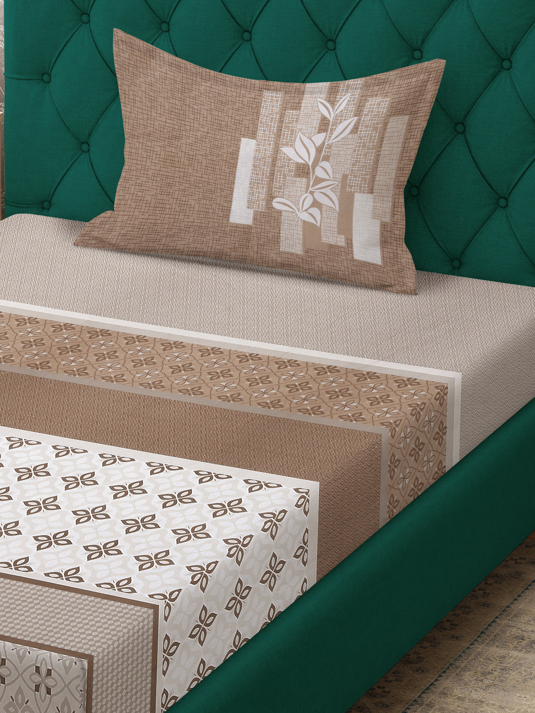 Klotthe Brown Geometric 400 TC Pure Cotton Single Bedsheet with Pillow Cover