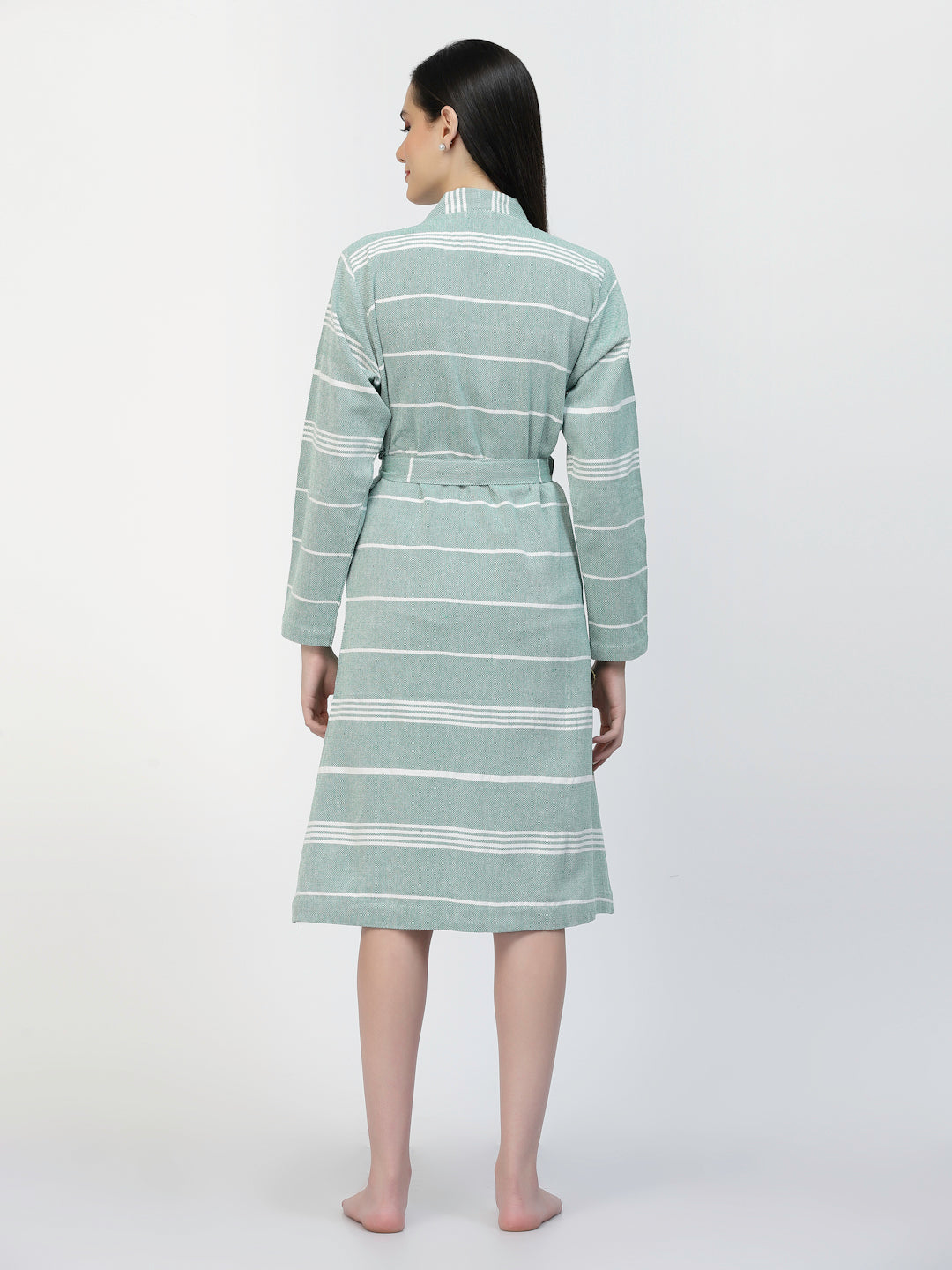 Klotthe Women Green Striped Cotton Bath Robe With Belt