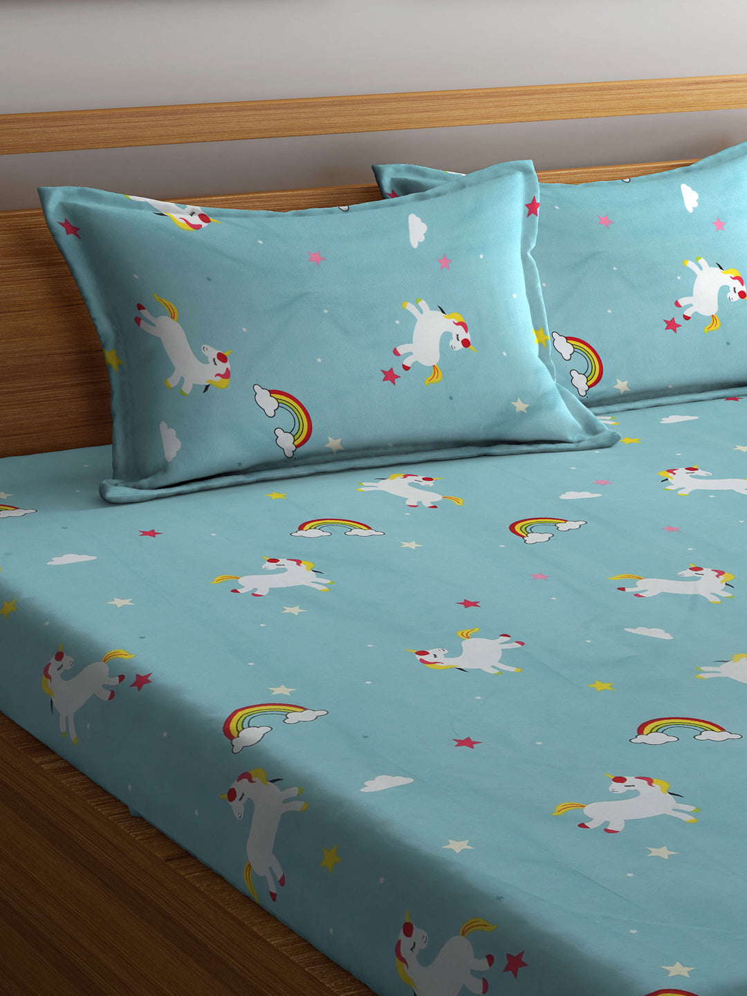 Klotthe Multicolor Cartoon Characters 300 TC Cotton Blend Fitted Double Bedsheet with 2 Pillow Covers