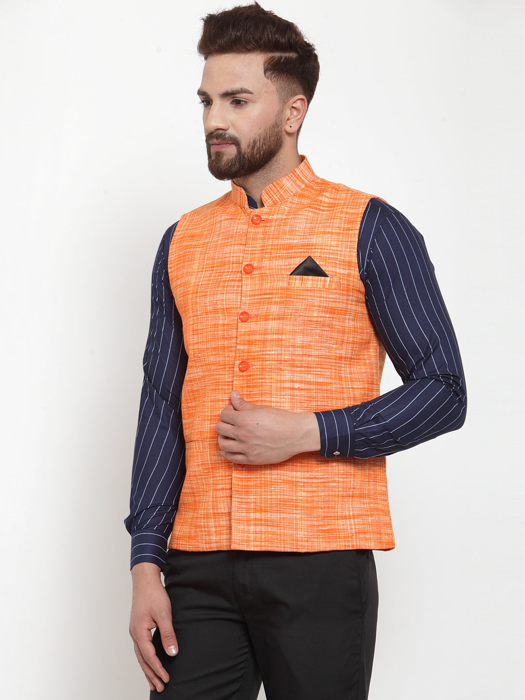 KLOTTHE Orange Pure Cotton Woven Design Nehru Jacket