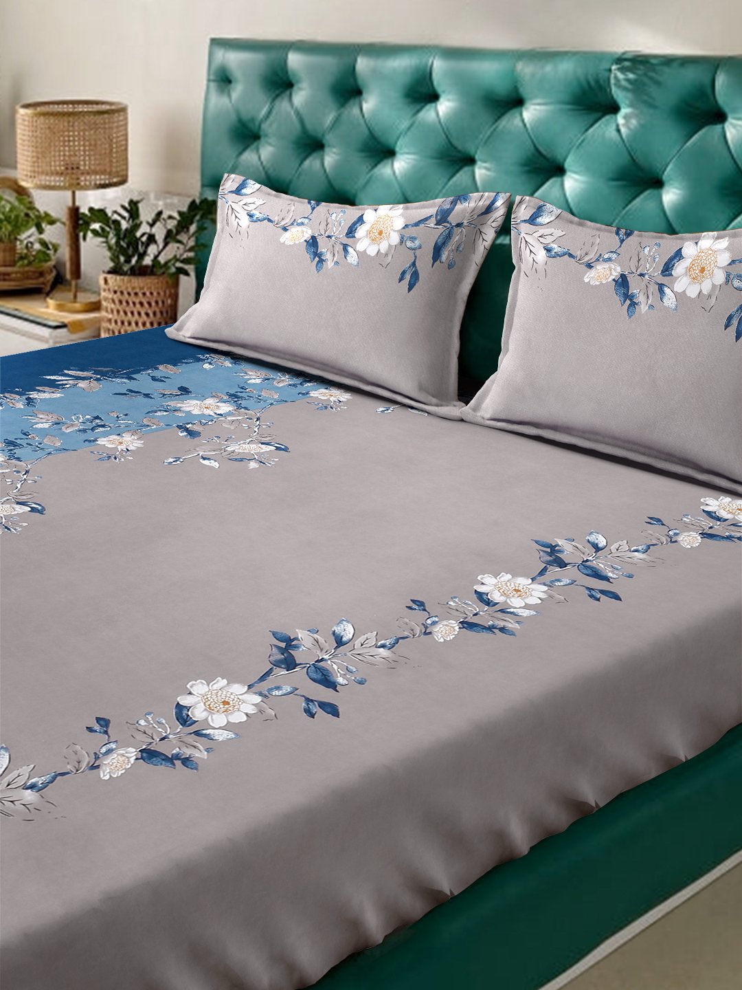 Grey Floral 300 TC Cotton Blend Fitted Double Bedsheet with 2 Pillow Covers