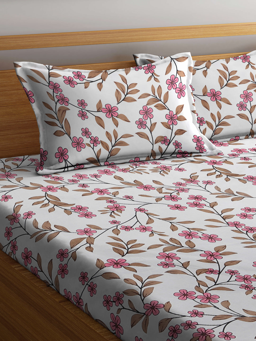 Klotthe Multicolor Floral 300 TC Cotton Blend Fitted Double Bedsheet with 2 Pillow Covers