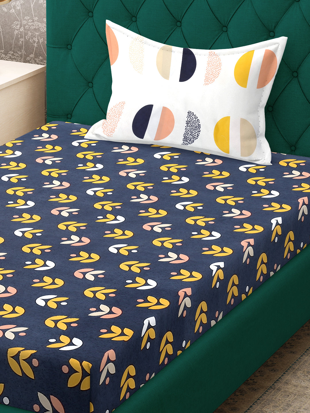 Klotthe Blue Floral 300 TC Cotton Blend Fitted Single Bedsheet Set in Book Fold Packing