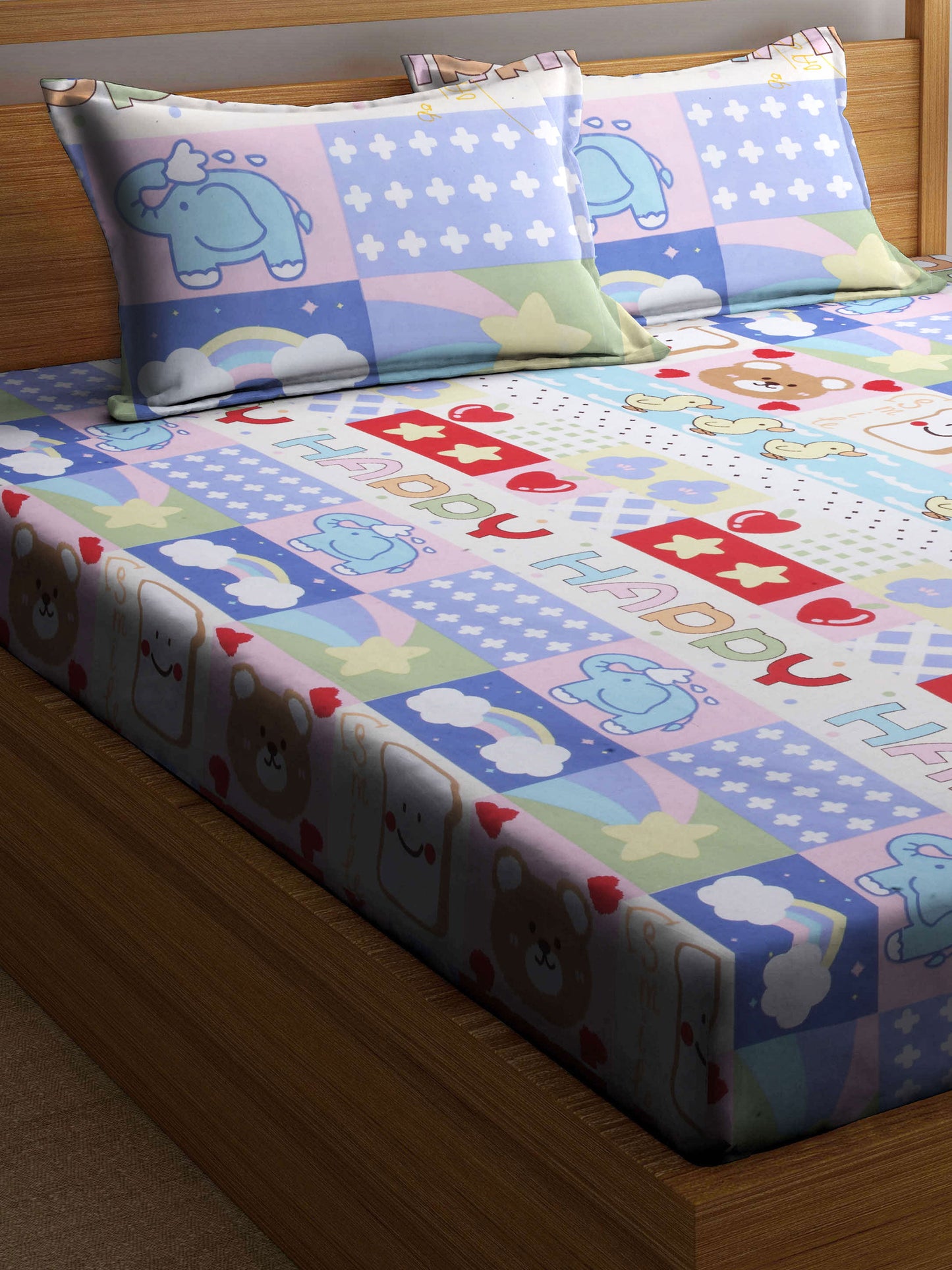 Klotthe Multicolor Cartoon Print Cotton Blend Elasticated Double BedSheet With 2 Pillow Covers