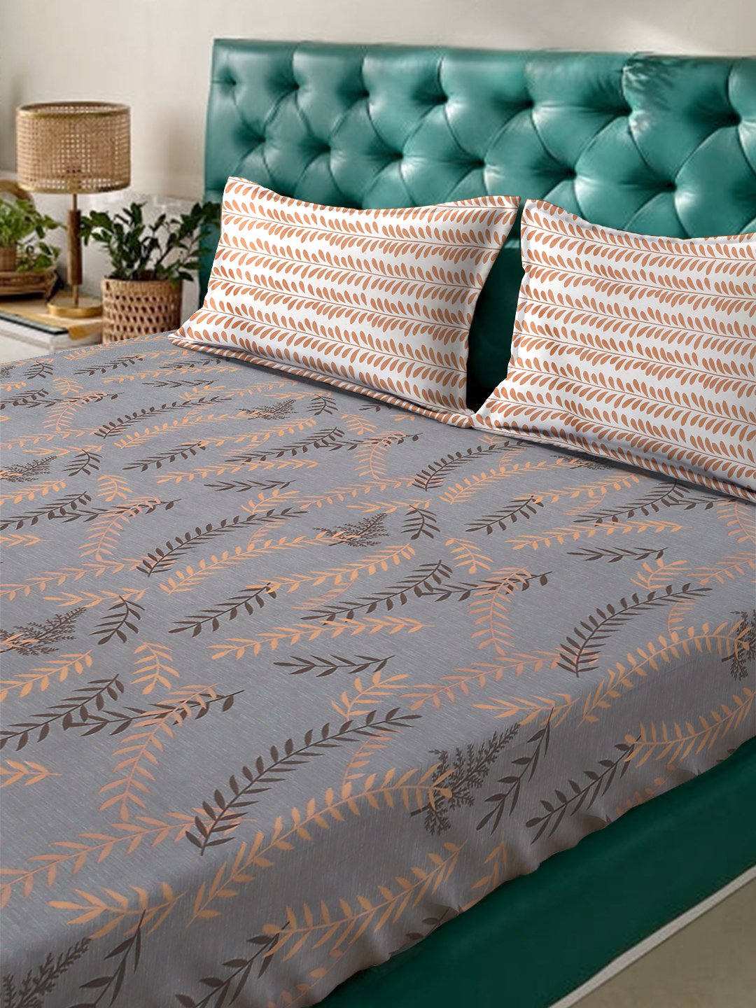 Grey Floral 300 TC Fitted Cotton Blend Double Bedsheet with 2 Pillow Covers