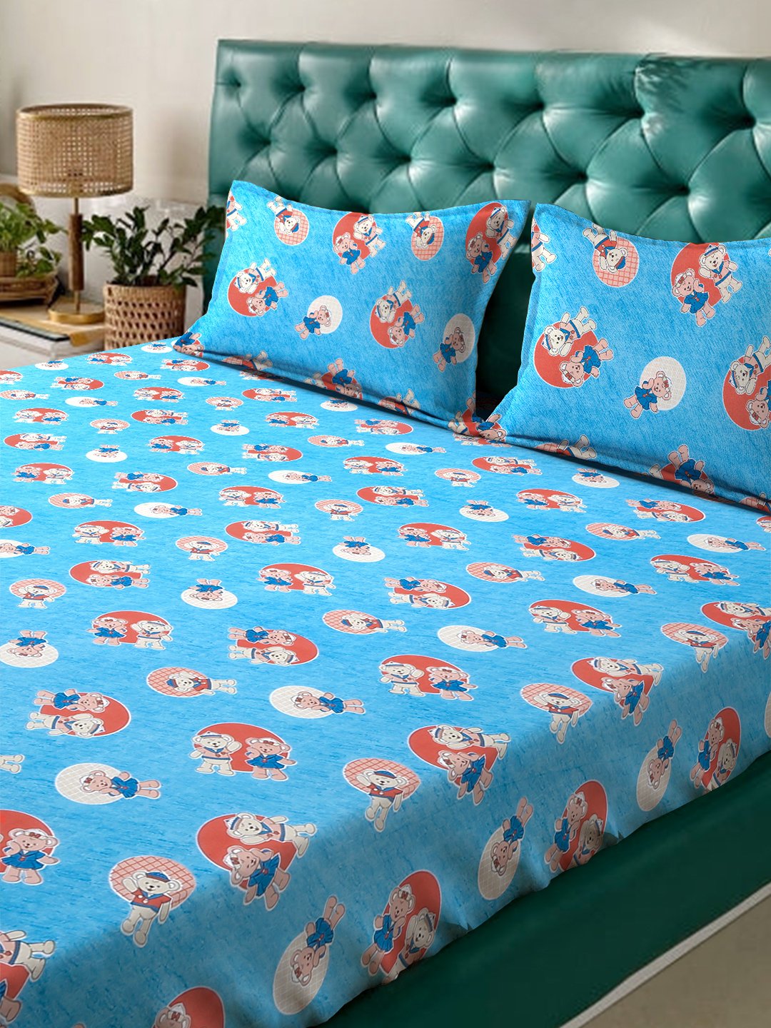Blue Cartoon Characters 400 TC Pure Cotton Fitted Double Bedsheet with 2 Pillow Covers
