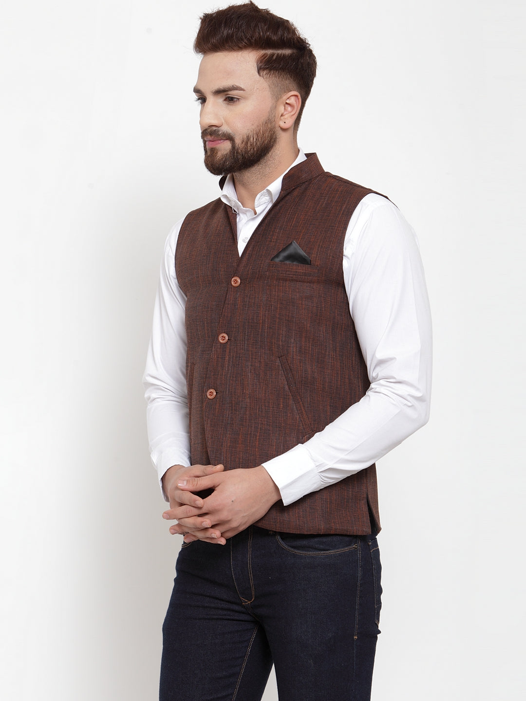 Brown Pure Cotton Party Nehru Jackets