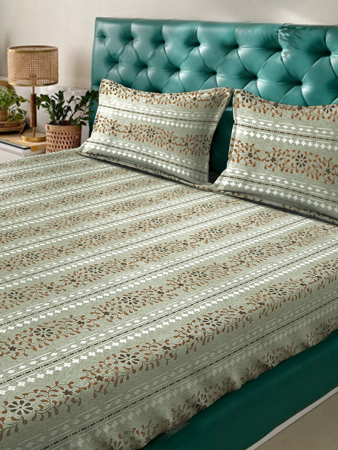 Green Floral 400 TC Pure Cotton Fitted Double Bedsheet with 2 Pillow Covers