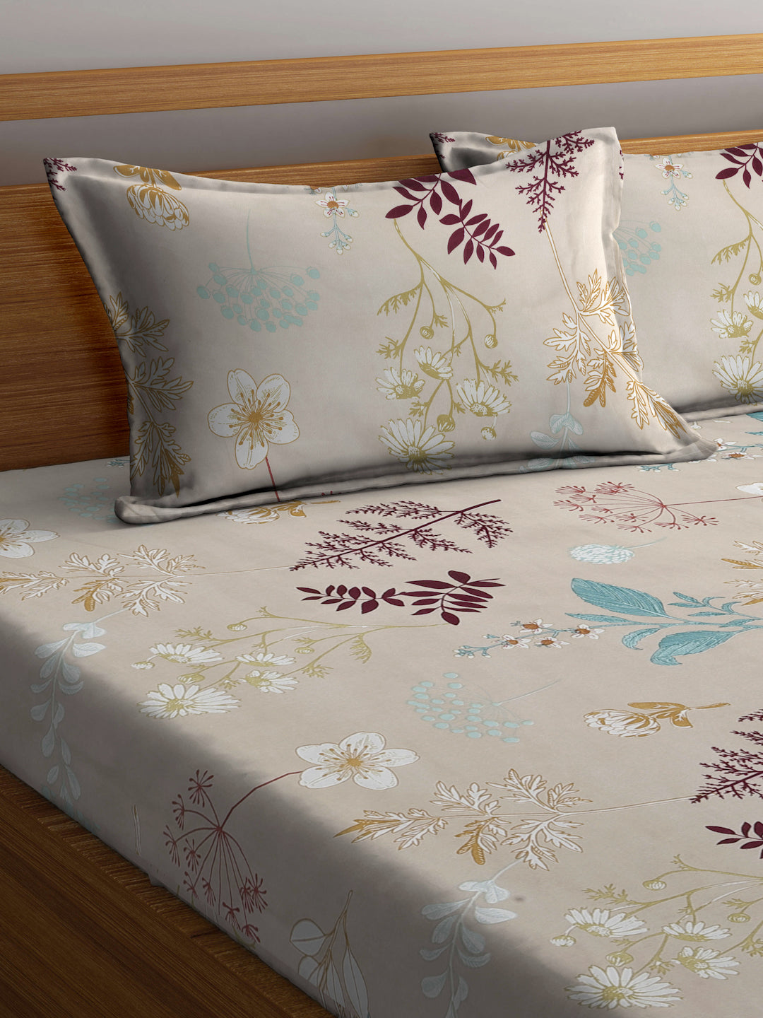 Klotthe Multicolor Floral 300 TC Cotton Blend Fitted Double Bedsheet with 2 Pillow Covers