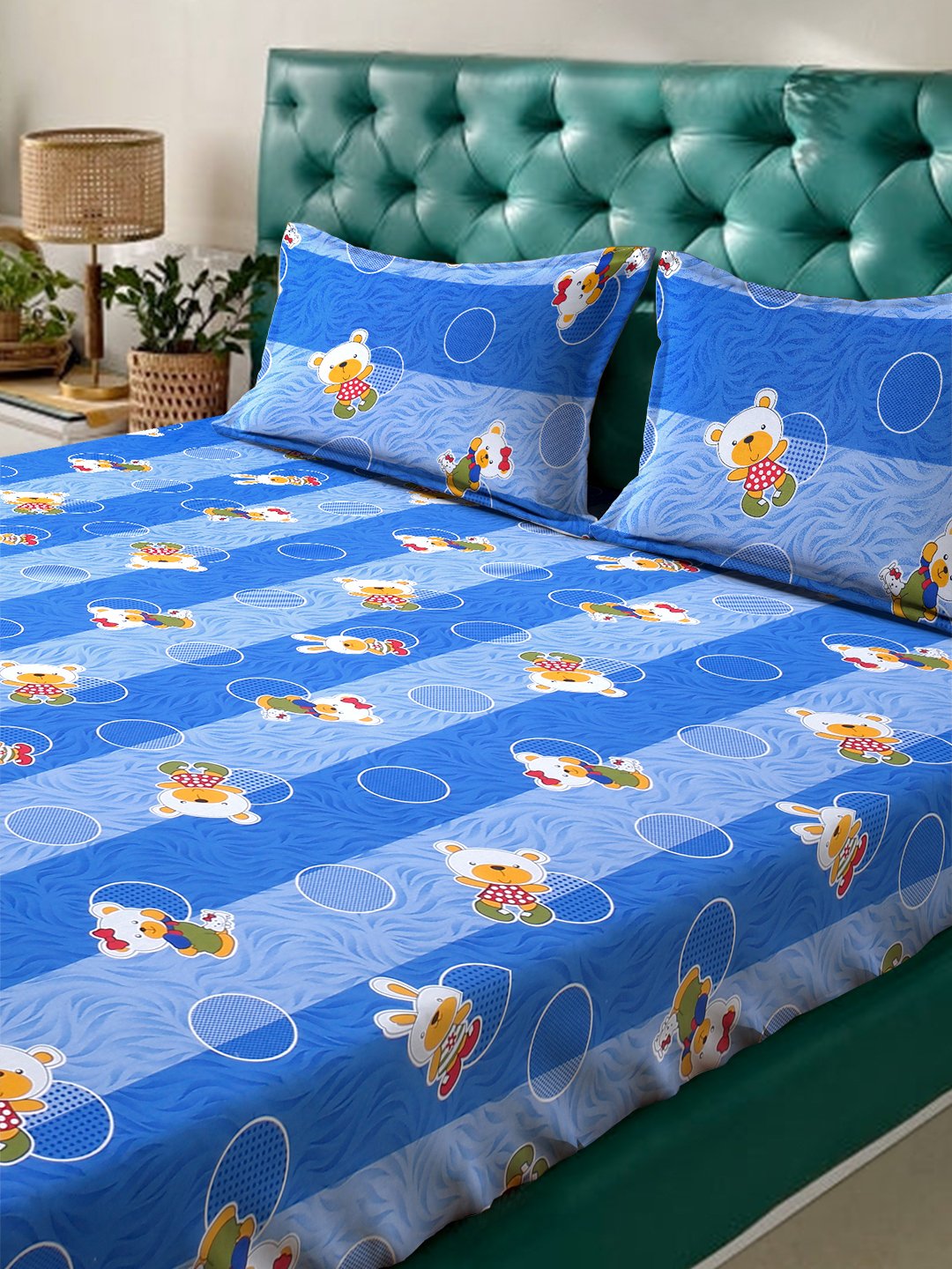 Blue Cartoon Characters 400 TC Pure Cotton Fitted Double Bedsheet with 2 Pillow Covers