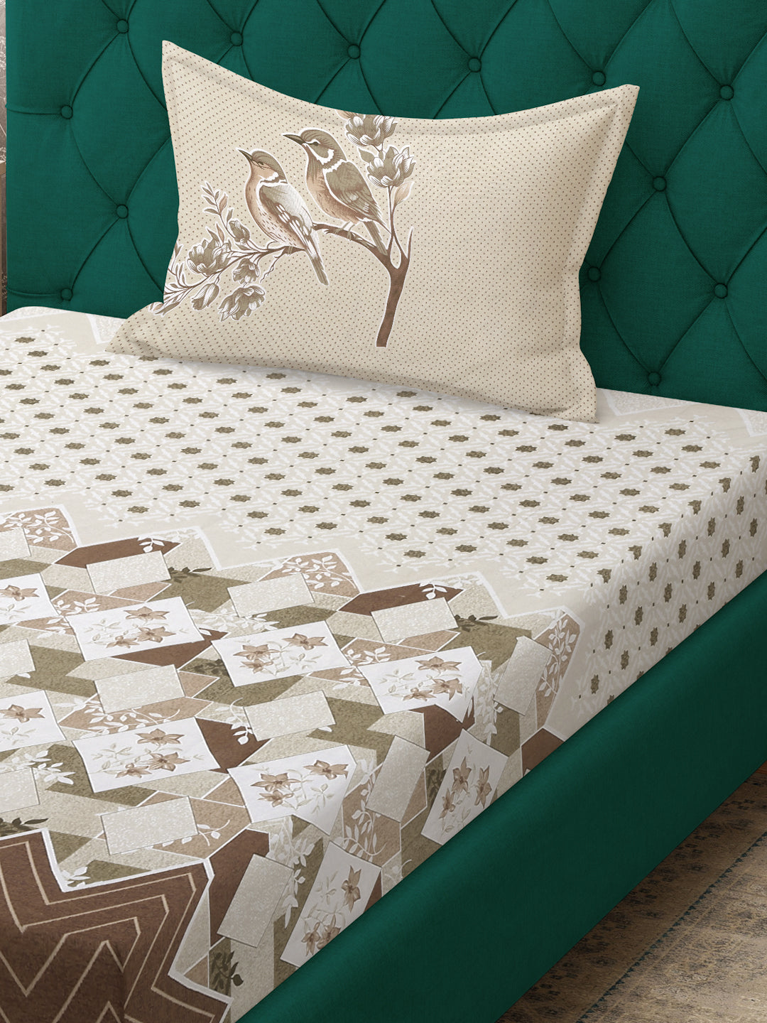 Klotthe Brown Geometric 400 TC Pure Cotton Fitted Single Bedsheet with Pillow Cover