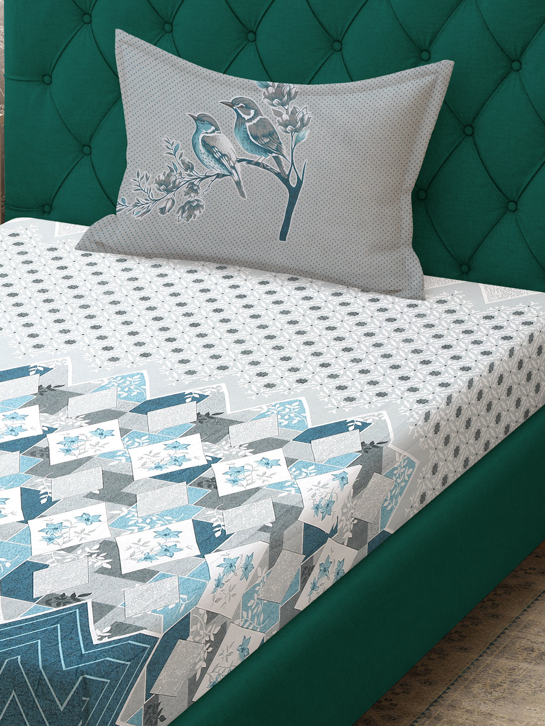 Klotthe Turquoise Geometric 400 TC Pure Cotton Fitted Single Bedsheet with Pillow Cover