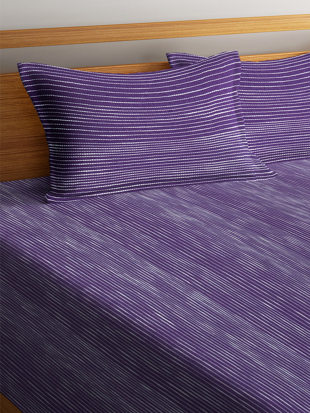 100% Cotton King Size Handwoven Bed Cover with Two Pillow Covers by KLOTTHEĀ® (Violet Striped