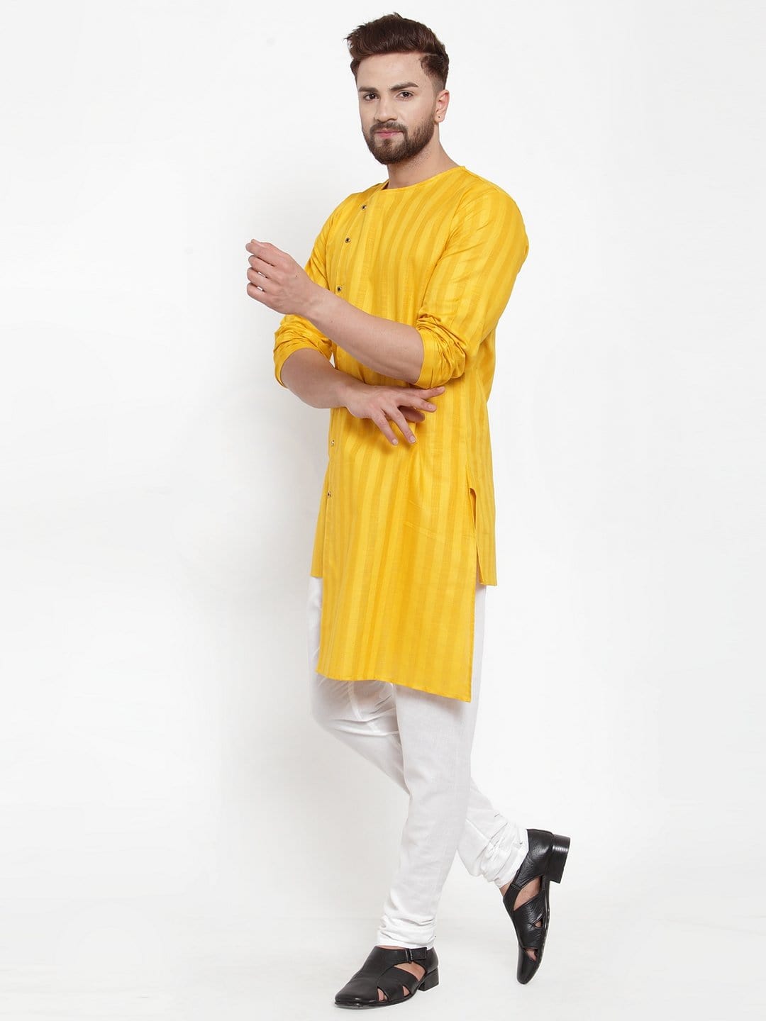 Yellow Cotton Striped Party Kurtas