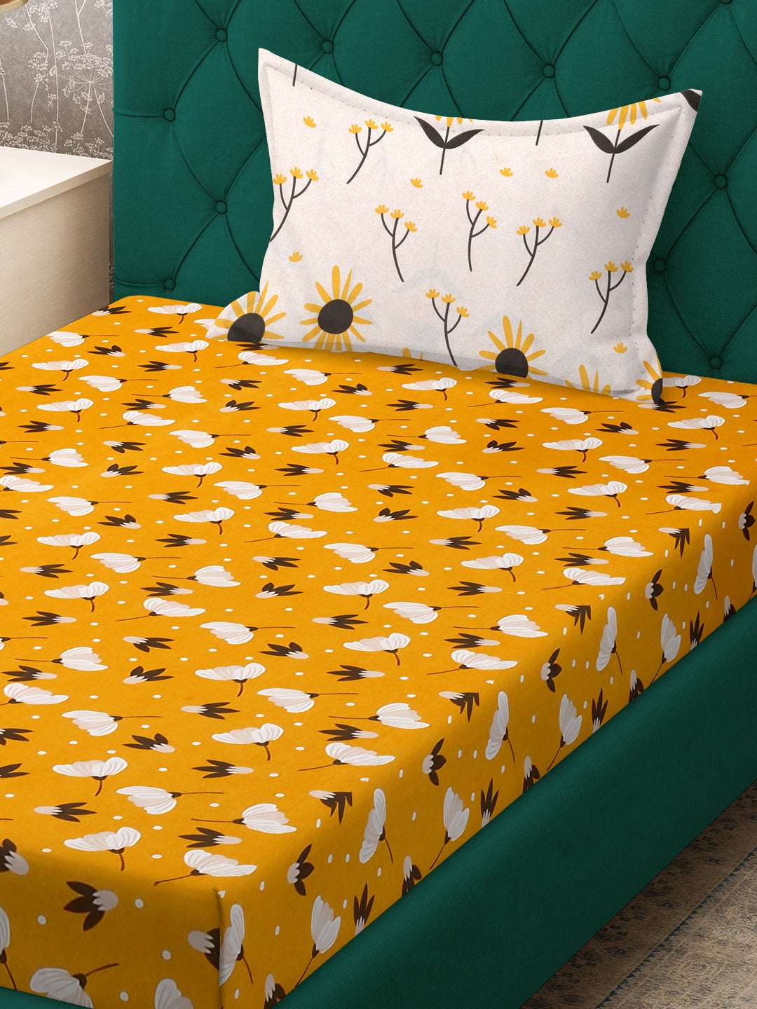 Klotthe Yellow Floral 300 TC Cotton Blend Fitted Single Bedsheet Set in Book Fold Packing