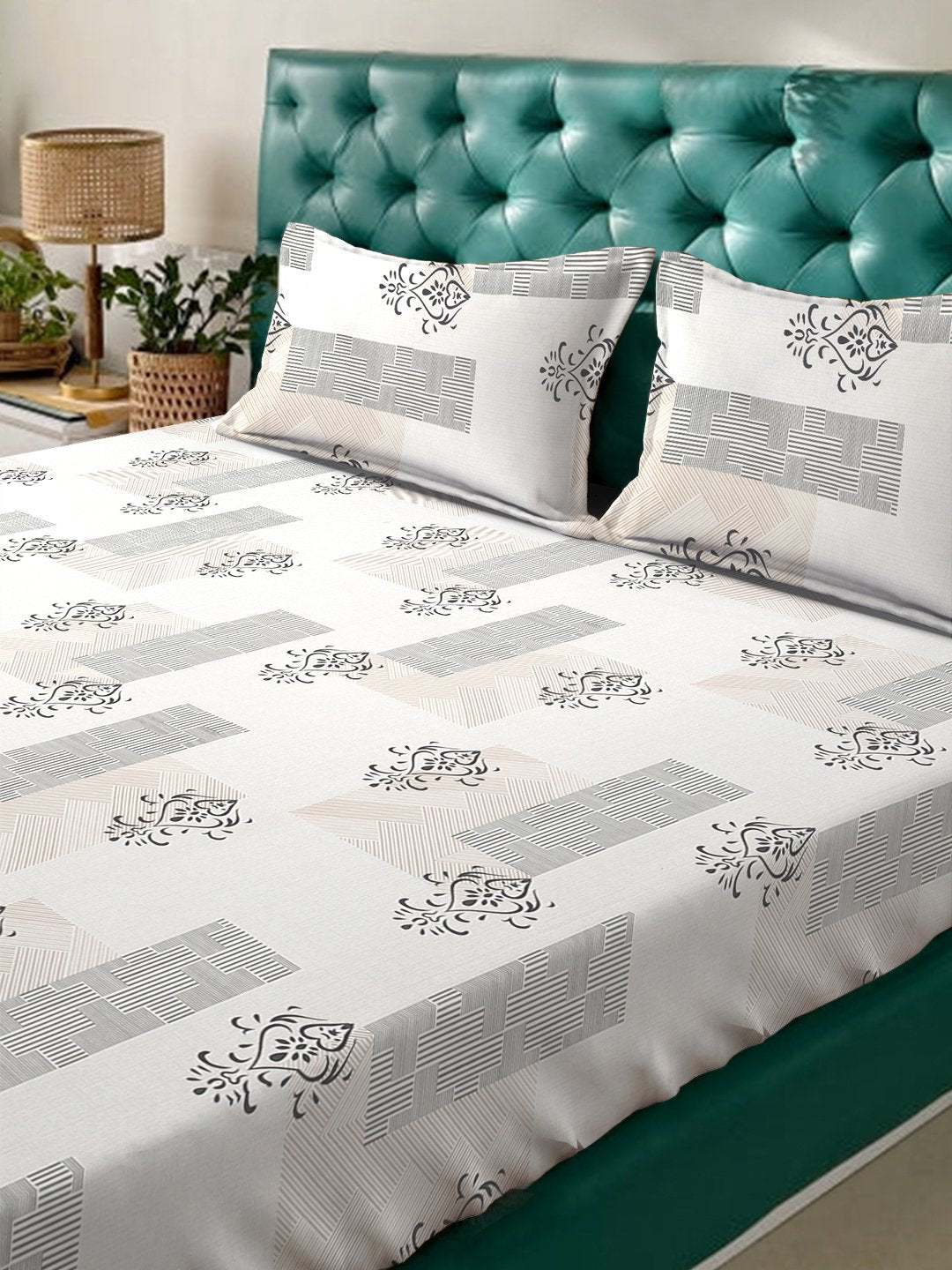 Cream Ethnic Motifs 300 TC Cotton Blend Fitted Double Bedsheet with 2 Pillow Covers