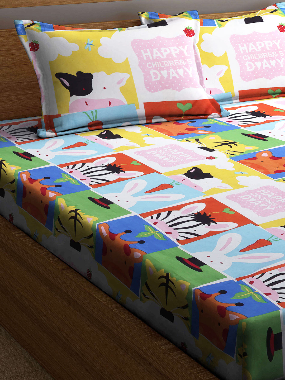 Klotthe Multicolor Cartoon Print Cotton Blend Elasticated Double BedSheet With 2 Pillow Covers